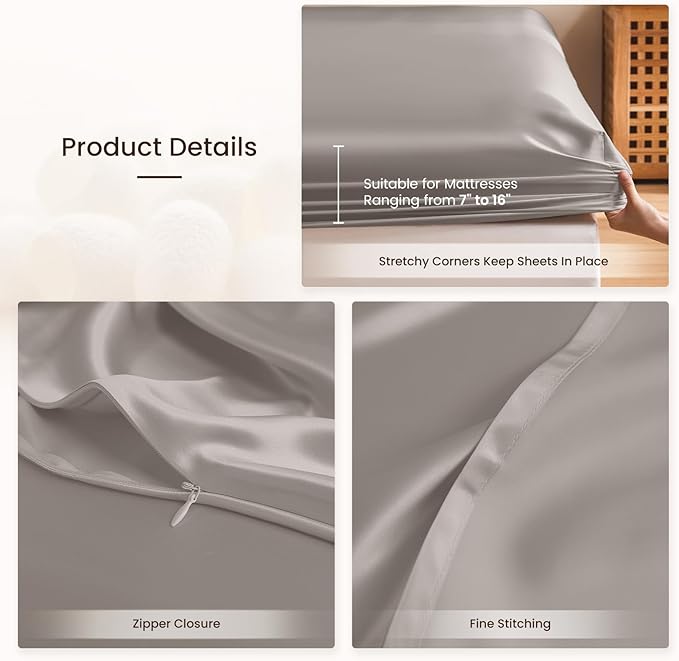THXSILK 6A+ Top Grade 100% Pure Mulberry Silk Full Fitted Sheet 3Pcs Set Bed Sheets Luxury Bedding for Hair and Skin Breathable Cooling Natural Materials, 1 Fitted Sheet with 2 Pillowcases, Grey