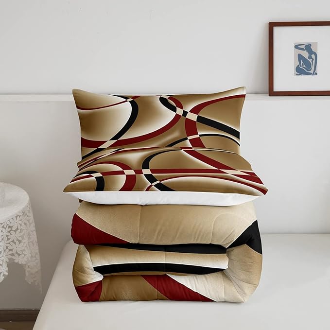 Castle Fairy Retro Circle Comforter Set Queen Size Red Brown Black Bedding Set for Kids Boys Girls Bedroom Decoration Stripe Line Art Bed Duvet Insert Geometric Modern Comforter with 2 Pillowcase