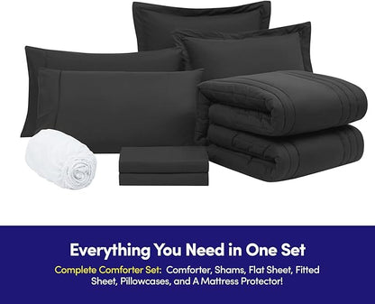 Queen Comforter Set Quilted Stripe Bedding Bundle – Stylish Set with Comforter, Mattress Protector, Sheet Set & Pillow Shams — Sophisticated Striped Design for Home & Guest Rooms, Black