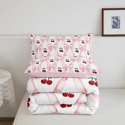 Erosebridal Cherry Bow Comforter Set for Girls,Cute Kawaii Bowknot Twin Bedding Set for Kids Teen Women,Pink Girly Bow Down Comforter Geometric Ribbon Bow Bed Set