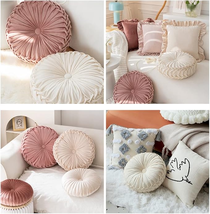 NatureMan 13.7 inch Round Sofa Cushion Pure Color Velvet Home Decor, Pleated Round Cushion, Pumpkin Pillow Suitable for Home Bed car Decoration (Creamy-White)