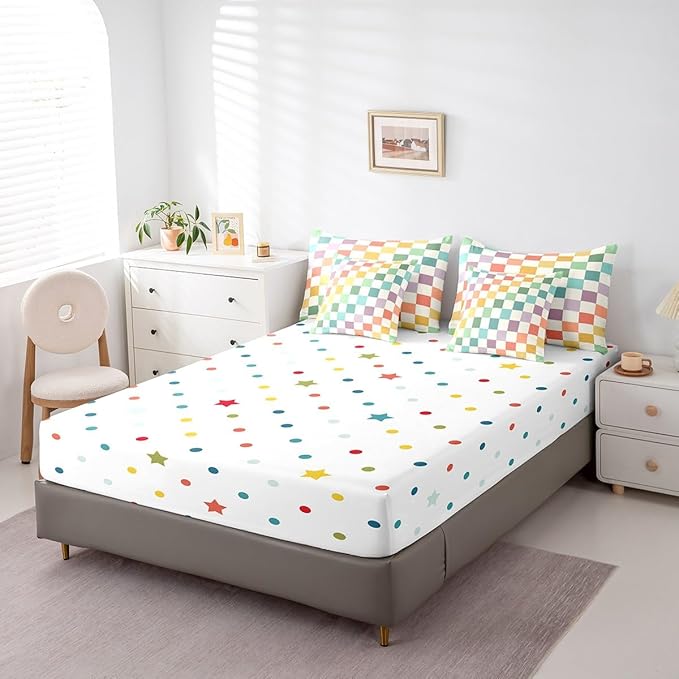 Feelyou Multicolored Checkered Retro 7 Piece Bedding Set Kids Boys Geometric Vintage Comforter Set with Sheets King Size Green Yellow Colorful Bed in a Bag Modern Simple Groovy Aesthetic Room Decor