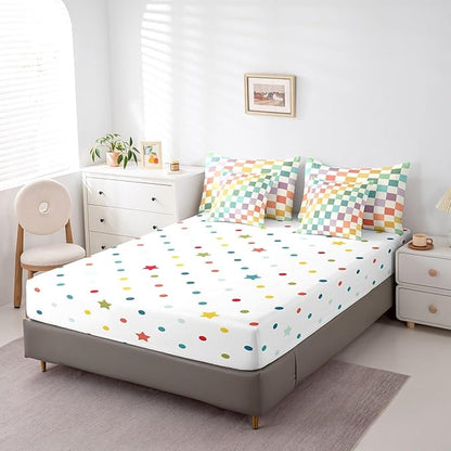Feelyou Multicolored Checkered Retro 7 Piece Bedding Set Kids Boys Geometric Vintage Comforter Set with Sheets King Size Green Yellow Colorful Bed in a Bag Modern Simple Groovy Aesthetic Room Decor