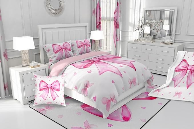 Erosebridal Girly Pink White Comforter Set King,Cute Bow Girls Bedding Set Dreamy Princess Bedding Comforter Sets for Kids Teen Women,Kawaii Bowknots Bow Tie Quilt Duvet 2 Pillow Cases