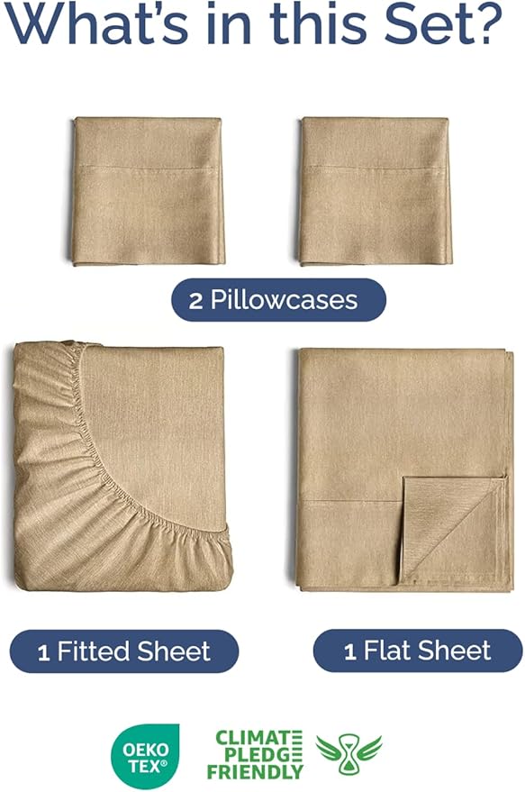 Extra Deep Twin Sheet Set - 4 Piece Breathable and Cooling Sheets - Hotel Luxury Bedding for Women, Men, Kids & Teens - Easy & Secure Fit - Soft and Wrinkle Free - Extra Deep Pockets - Heathered Tan