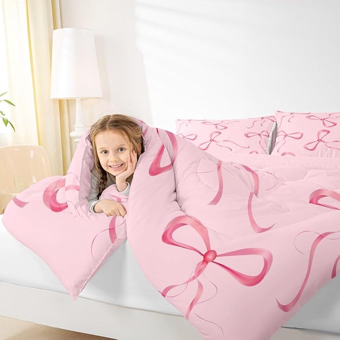 Erosebridal Pink Bow Bedding Set Twin Cute Kawaii Bow Comforter Set for Girls Kids Teen Women,Dreamy Princess Bowknot Comforter Girly Coquette Ribbon Butterfly Knot Quilt with 1 Pillow Case