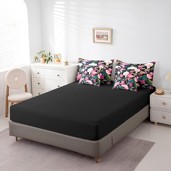 Feelyou Flower Comforter Set King Size 7 Pieces Palm Leaf Bedding Set for All Season Floral Blossom Tropical Botanical Nature Theme Bed in a Bag with Comforter, Sheets, Pillowcases & Cushion Cover