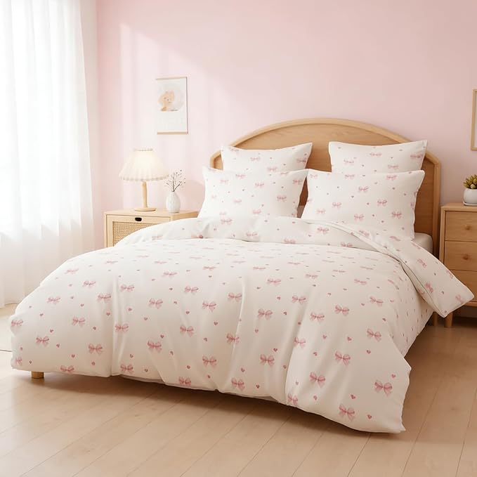 Nayoroom Pink Bow Comforter Set Full Size Coquette Pink Heart Comforter 3 Pieces Soft Lightweight Kids Girls Cute Aesthetic Dorm Bedding Set for All Seasons