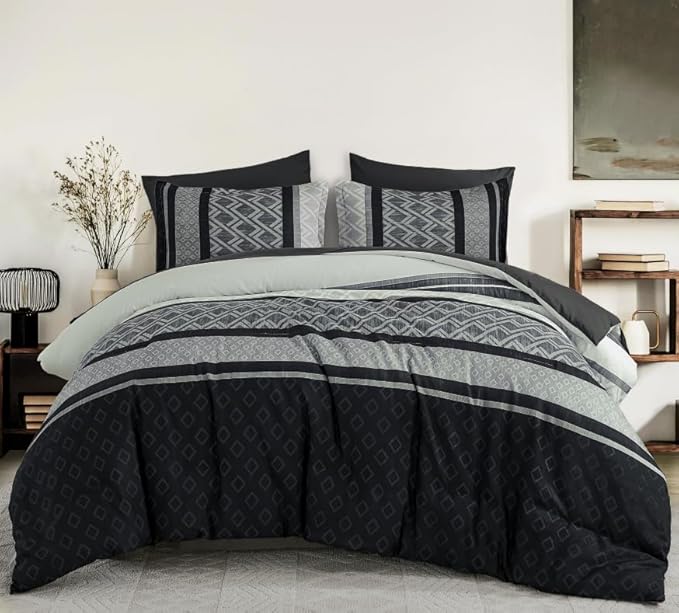 Cottolester Boho Comforter Set King Size,Black Gray Striped Bed in a Bag,Fall Plaid Comforter and Sheet Set,Soft Microfiber Complete Bedding Sets