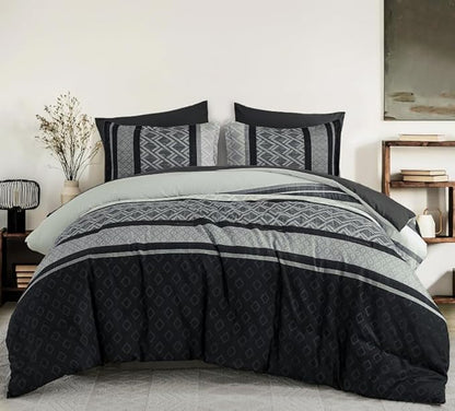 Cottolester Boho Comforter Set King Size,Black Gray Striped Bed in a Bag,Fall Plaid Comforter and Sheet Set,Soft Microfiber Complete Bedding Sets