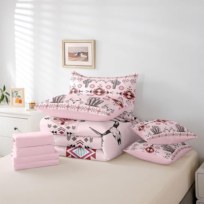 Erosebridal Pink Southwestern King Comforter Set with Sheets 7 Piece Western Aztec Bed in A Bag Country Geometric Vintage Bedding Sets for Teens Teenager Rustic Cactus Bull Skull Boho Tribal Bed Set