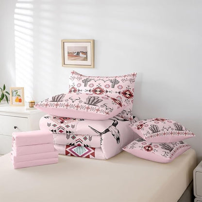 Erosebridal Pink Southwestern Queen Comforter Set with Sheets 7 Piece Western Aztec Bed in A Bag Country Geometric Vintage Bedding Sets for Men Adults Rustic Cactus Bull Skull Boho Tribal Bed Set