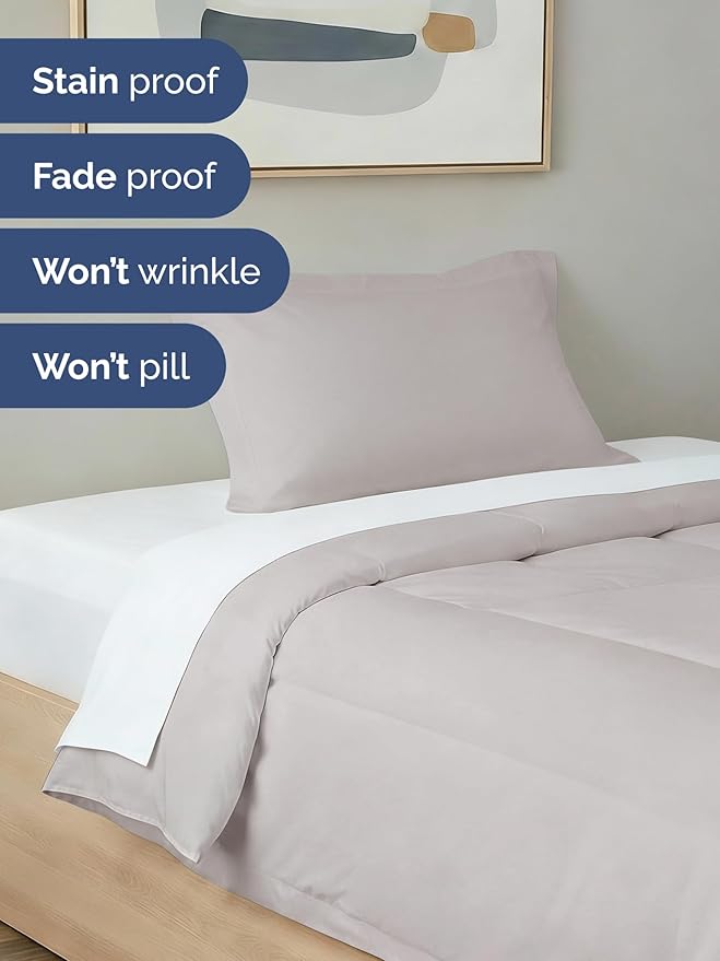 Twin Comforter Set - 2 Piece Bed Set for All Seasons - 1 Soft Quilted Comforter with Corner Tabs & 1 Pillow Sham - Comfy and Breathable - Premium Down Duvet Insert - Oeko-TEX - Twin Size, Light Grey