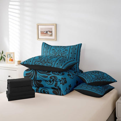 Comforter Set Full Size, Steel Blue Aztec Damask 7 Pcs Bedding for Kids and Adults, Western Goth Floral Victorian Bed Sheet Sets with Fitted Sheet 2 Pillowcases & 2 Shams for Bedroom Bed Decor