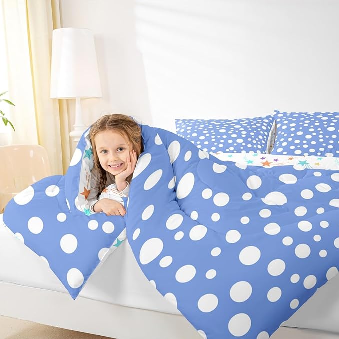 Manfei White Polka Dots Adults Comforter Set,French Style Cute Dots Print Bedding Set All Season,Blue White Simple Geometric Circles Comforter 3 Pcs with 2 Pillowcases,King Size