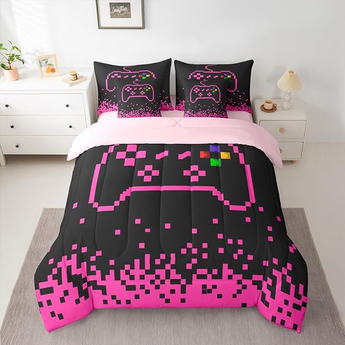 Castle Fairy Gamepad 7 Piece Comforter & Sheet Sets Queen Size,Pixel Miners Games Bedding Set Pink Plaid Patchwork Bed in a Bag Modern Fashion Flat & Fitted Sheets,4 Pillow Covers