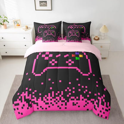 Castle Fairy Gamepad 7 Piece Comforter & Sheet Sets Queen Size,Pixel Miners Games Bedding Set Pink Plaid Patchwork Bed in a Bag Modern Fashion Flat & Fitted Sheets,4 Pillow Covers