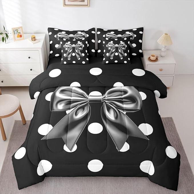 Feelyou Grey Bowknot 7 Piece Bedding Set Polka Point Comforter Set with Sheets for Kids Boys Girls Cute Bow Bed in a Bag Princess Theme Bed Set Soft Lightweight