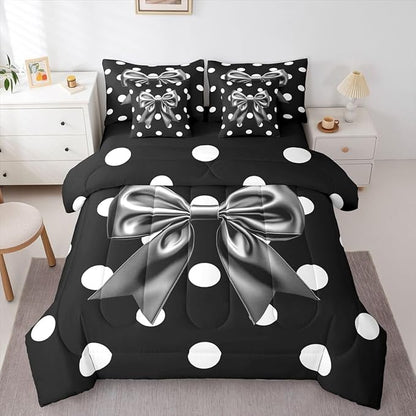 Feelyou Grey Bowknot 7 Piece Bedding Set Polka Point Comforter Set with Sheets for Kids Boys Girls Cute Bow Bed in a Bag Princess Theme Bed Set Soft Lightweight