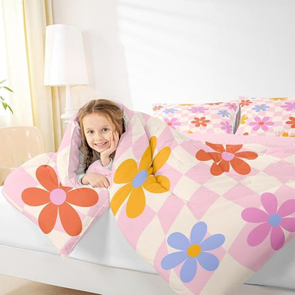 Erosebridal Cute Flower Bedding Set Kawaii Cartoon Floral Comforter Set Twin Size for Kids Girls Teen Room Decor,Pink Girly Comforter Watercolor Flowers Geometric Plaid Grids Bed Set