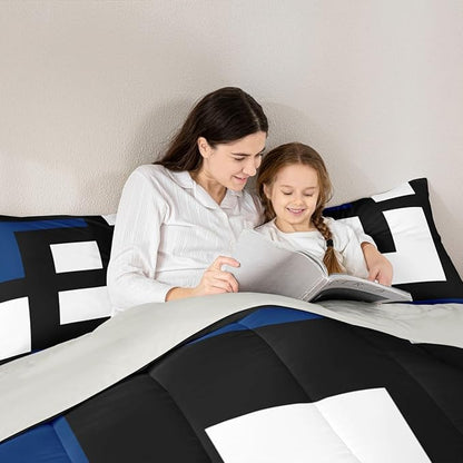 Erosebridal Blue Black and White Striped Queen Comforter Set for Adult Women Men Square Abstract Bedding Set Modern Geometric Stripes Bold Lines Bed Set Minimalist Stylish Plaids Quilt Set