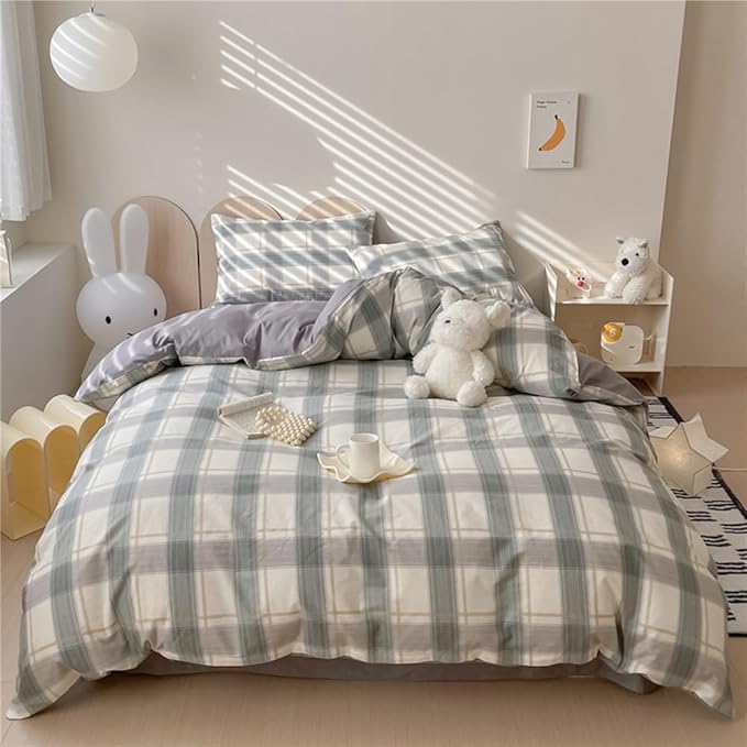 VM VOUGEMARKET Teen Boys Comforter Set Twin XL Green Plaid Gingham Down Comforter with 2 Pillowcases,Modern Cozy Bedding Quilt Set 68"x90"