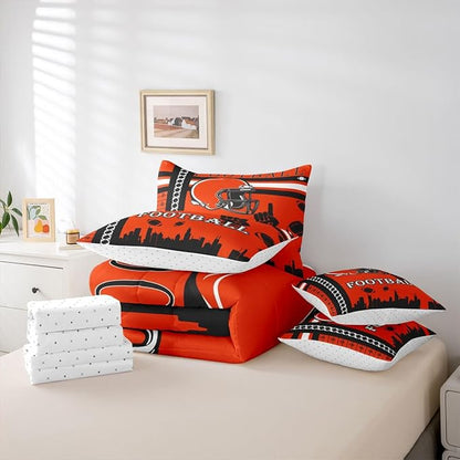 Feelyou Football 7 Pieces Comforter Sets Rugby Sports Bedding Set for All Season Twin Size Football City Bed in a Bag with Comforter, Sheets, Pillowcases & Cushion Cover