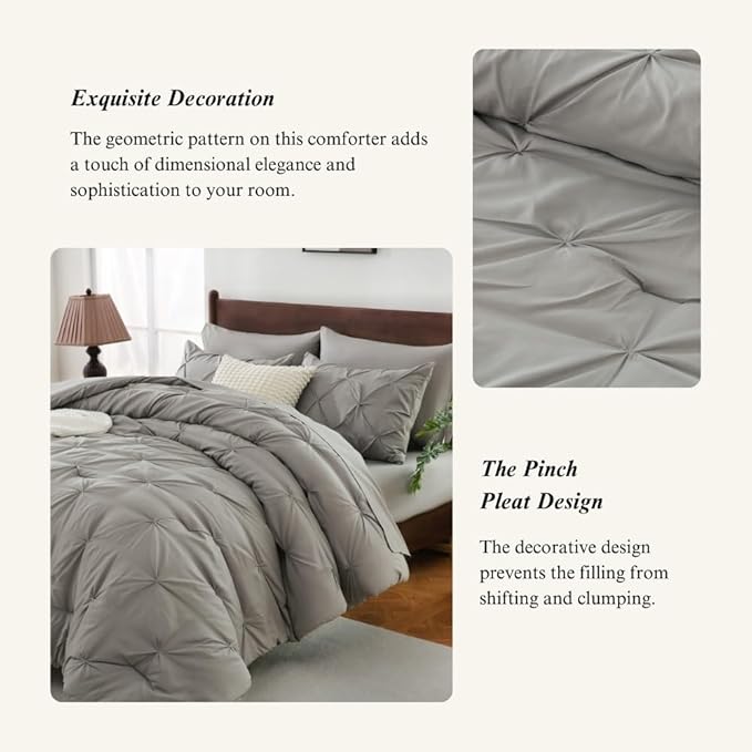 Sheet&Joy King Size Comforter Set, 7-Piece Bed in a Bag, Pintuck Bedding Set for All Season, Includes Comforter, Flat Sheet, Fitted Sheet, Pillowcases and Pillowshams, Grey