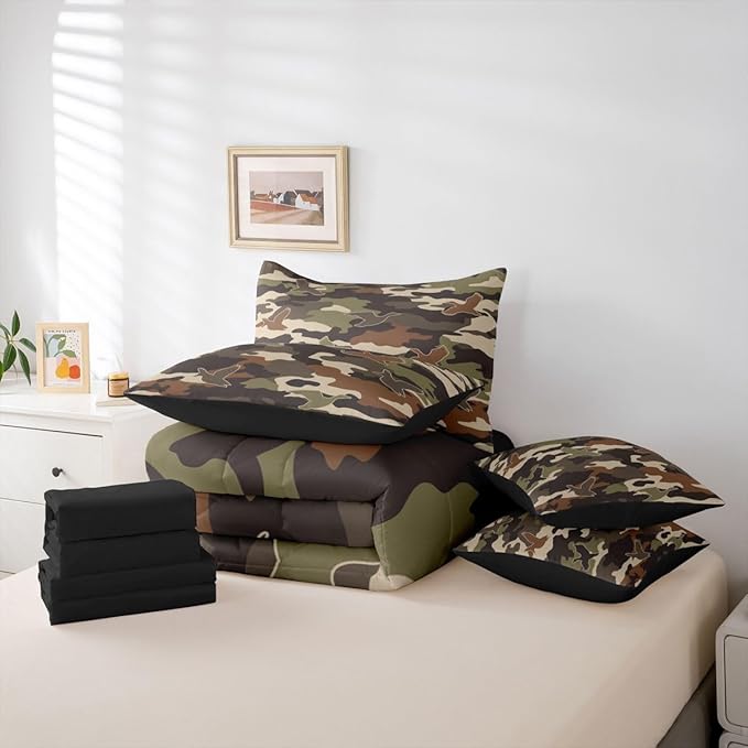 Erosebridal 3D Duck 7 Piece Bedding Set King Camo Camouflage Comforter Set with Sheets Green Dark Wildlife Bed in a Bag Flying Animals Hunting Bed Sets Comforter