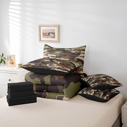 Erosebridal 3D Duck 7 Piece Bedding Set Full Camo Camouflage Comforter Set with Sheets Green Dark Wildlife Bed in a Bag Flying Animals Hunting Bed Sets Comforter