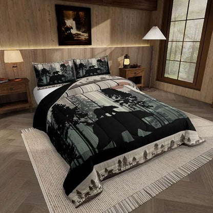 Feelyou Western Farmhouse Bedding Comforter Sets Toddler Size, Cabin Lodge Bedding Sets, Hunting Bear Deer Comforter Set, Country Retro Duvet Insert, Rustic Woodland Pine Tree Quilt, Black Brown
