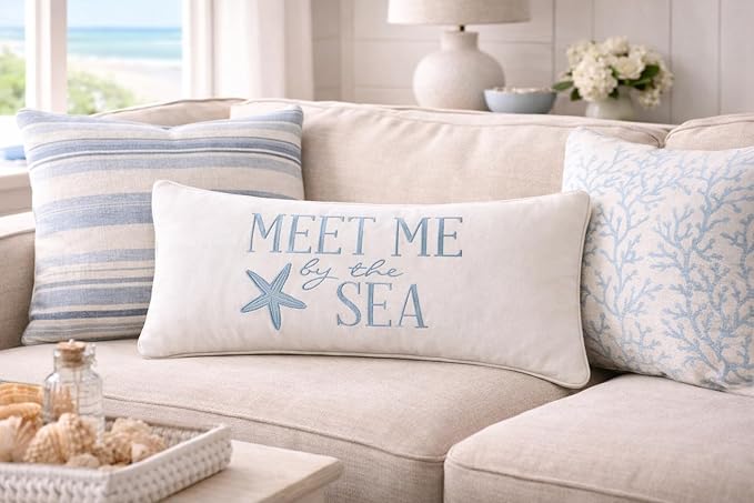 C&F Home Starfish Meet Me at The Sea Embroidered Accent Pillow 12" x 24" Summer Coastal Beach House Nautical Ocean Home Living Room Sofa Couch Chair Bed Bedroom Decor Decoration 12" x 24" White