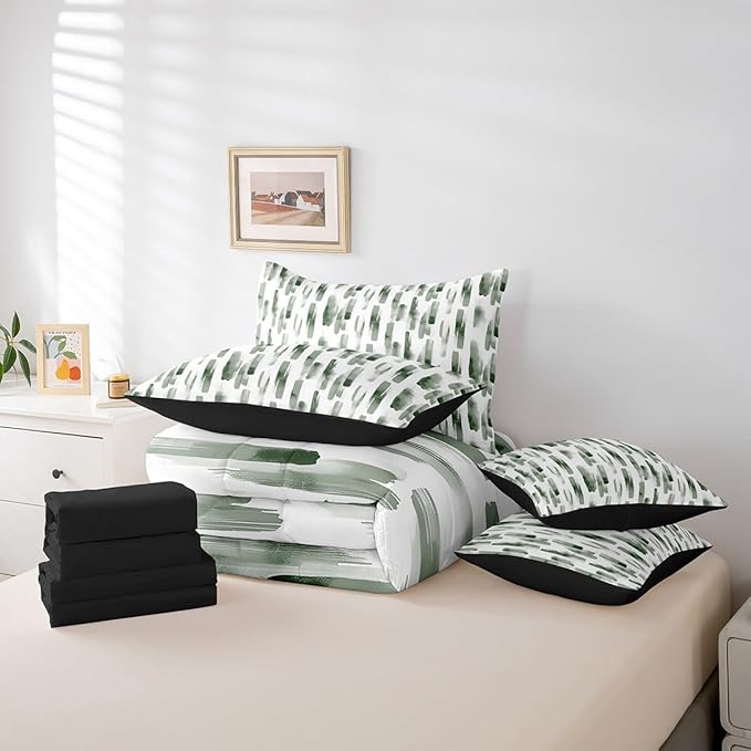 Erosebridal 7Pcs Sage Green Striped Comforter Set King Size,Green and White Geometric Abstract Bed in A Bag,Art Aesthetic Ink Painting Bedding,Contemporary Watercolor Graffiti Boho Quilt