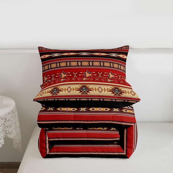 Erosebridal Aztec Bedding Set Ethnic Tribal Arrow Comforter Set,Vintage Southwestern Native Bohemian Quilt Twin,Western Star Duvet Insert Exotic Geometric Diamond Stripes Room Decor,Red and Black