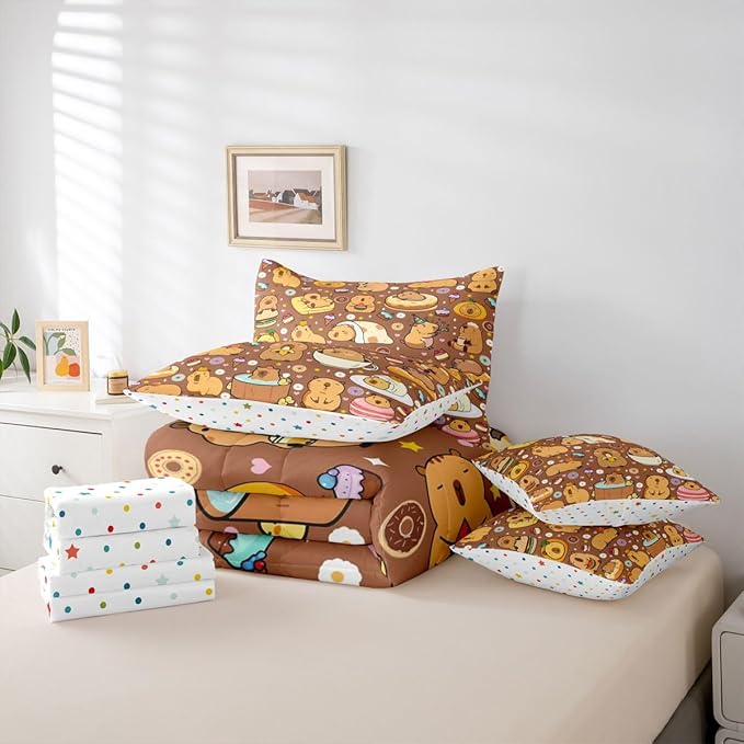 Erosebridal Capybara 7 Pieces Bedding Set Queen Size,Cute Capybaras Bed in a Bag,Funny Rodent Animals Bed Set Includes Comforter,Sheet Set,Pillowcases & Pillow Covers,Stars Love Hearts Bedroom Decor