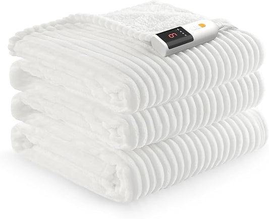 Reaks Electric Heated Blanket Full Size, Silky Soft Flannel & Sherpa Heating Blanket with 9 Heat Levels & 2-10 Hours Auto Off, Warm Gifts for Women Mom Grandma, ETL Certified (72x84 inches, White)