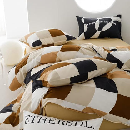 CLOTHKNOW Plaid Comforter Set California King Brown White Grid Bedding Comfrter Sets Beige Black Checkere Bedding Sets Geometric Comforter