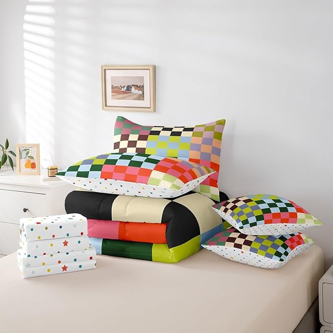 Feelyou Multicolored Checkered Retro 7 Piece Bedding Set Kids Boys Geometric Vintage Comforter Set with Sheets King Size Green Red Yellow Colorful Bed in a Bag Modern Groovy Aesthetic Room Decor