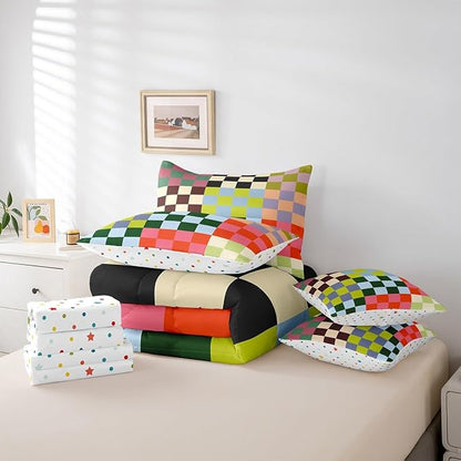 Feelyou Multicolored Checkered Retro 7 Piece Bedding Set Kids Boys Geometric Vintage Comforter Set with Sheets King Size Green Red Yellow Colorful Bed in a Bag Modern Groovy Aesthetic Room Decor