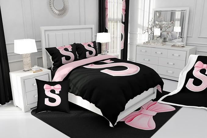 jejeloiu Kawaii Pink Bow Full Comforter Set with Sheets,Gifts for Women Teen Girl,Monogrammed 7 Piece Bedding Set,Soft Personalized Initial Letter S Bed in a Bag with Comforter,Sheets,Pillowcases