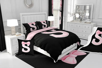 jejeloiu Kawaii Pink Bow Full Comforter Set with Sheets,Gifts for Women Teen Girl,Monogrammed 7 Piece Bedding Set,Soft Personalized Initial Letter S Bed in a Bag with Comforter,Sheets,Pillowcases