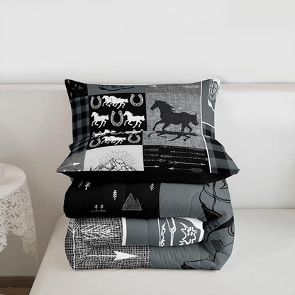 Erosebridal Southwestern Comforter Set King Size, Kids Boys Western Horse Bedding Set Retro Horseshoe Riding Boots Duvet Insert Rustic Arrow Adventure Themed Down Comforter Cabin Lodge Decor, Grey