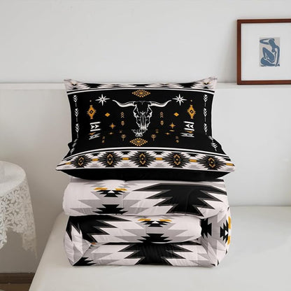 Erosebridal Western Bull Skull Bedding Set Boho Southwestern Aztec Comforter Set Queen Size for Boys Teens Men, Ethnic American Native Duvet Insert Farmhouse Rustic Tribal Quilt 3 Piece, Black Grey