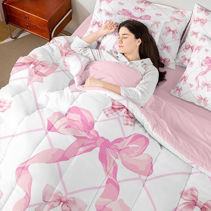 Erosebridal Bow Love Hearts Checkered Pink Full Comforter Set 7 Pieces | White Lines Plaid Bed in A Bag for Bedroom Kawaii Cute Ribbon Kids Bedding Set with Comforters Bowknot Women Teens Room Decor