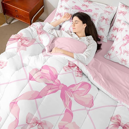 Erosebridal Bow Love Hearts Checkered Pink Full Comforter Set 7 Pieces | White Lines Plaid Bed in A Bag for Bedroom Kawaii Cute Ribbon Kids Bedding Set with Comforters Bowknot Women Teens Room Decor
