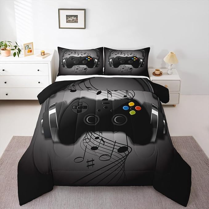 Gamer Comforter Set Queen Size,Black Grey Headphones Musical Design Games Gamepad Bedding Set for Kids Boys Video Game Room Decor Retro Playing Gamer Down Comforter Gaming Controller Quilted Duvet Set