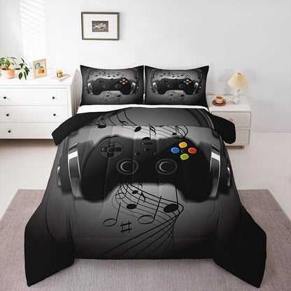 Gamer Comforter Set Twin Size,Black Grey Headphones Musical Design Games Gamepad Bedding Set for Kids Boys Video Game Room Decor Retro Playing Gamer Down Comforter Gaming Controller Quilted Duvet Set