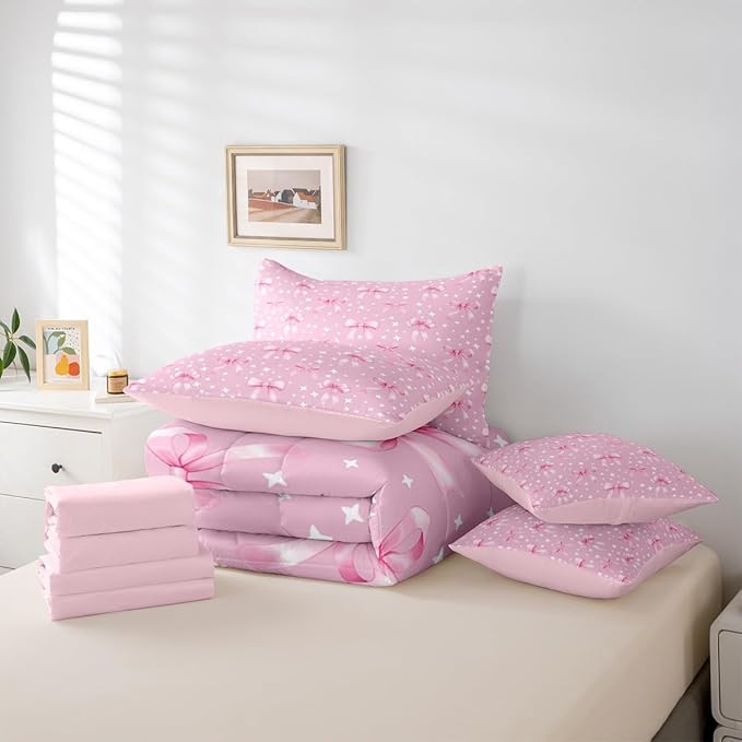Erosebridal Pink White Starry Girly Bowknot Full Comforter Set 7 Pieces | Kawaii Bow Cute Dreamy Bed in A Bag for Bedroom Princess Ribbon Bedding Set with Comforters Women Kids Room Decor