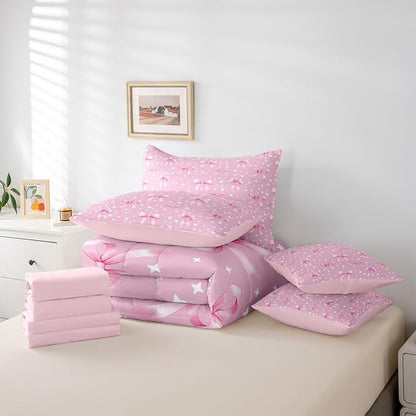 Erosebridal Pink White Starry Girly Bowknot King 7-Piece Comforter Set | Kawaii Bow Cute Dreamy Sheets and Pillowcases Princess Ribbon Bed in A Bag Women Kids Bed Sets