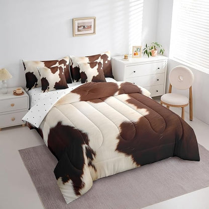 Erosebridal Cowhide Fur Queen Comforter Set 7pcs Brown Beige Cow Printed Bedding Comforter Sets, Wildlife Skin Hair Bed in a Bag Western Aztec Bedding Set, Cowboy Cowgirl Bed Sheets Set